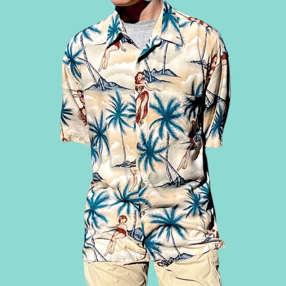 Vintage Pin-Up Girl Hawaiian Button Up Shirt SZ L! EUC!